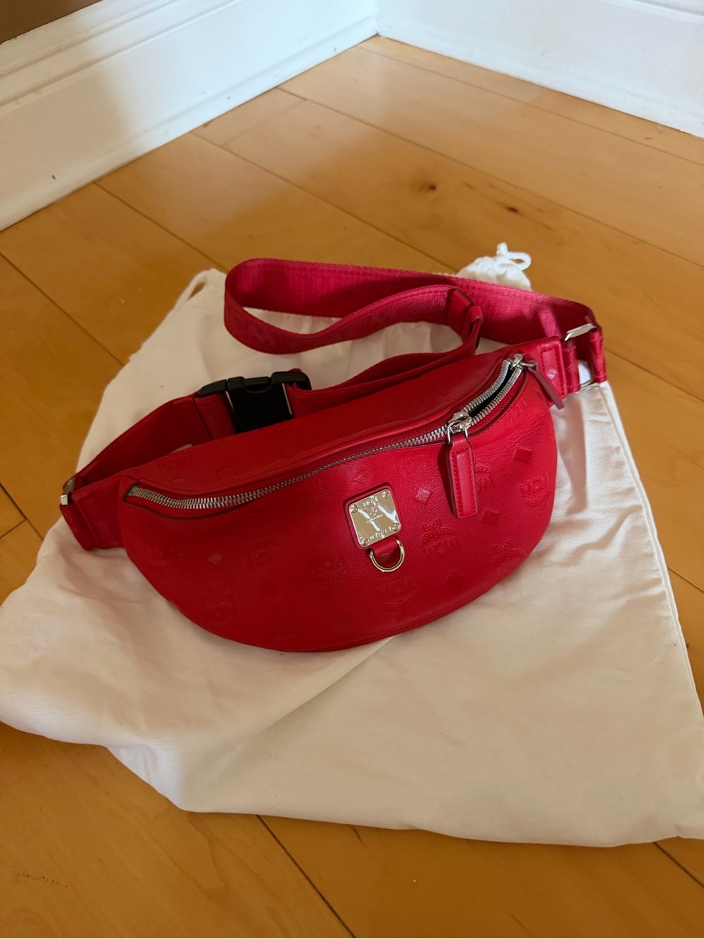 MCM Red Embossed Crossbody Belt Bag with Silver Hardware